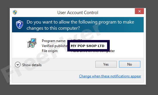 Screenshot where MY POP SHOP LTD appears as the verified publisher in the UAC dialog